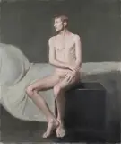 Untitled (Nude man with black box) by Raymond Han, Oil on canvas, offered Jun 2026
