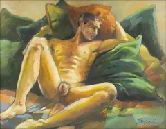 Untitled (Nude on Green Bedding) by Joseph Radoccia, Oil and graphite on panel, offered Jun 2026