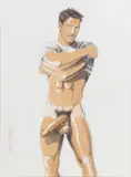 Untitled (Hung Man Taking Shirt Off) by Kent Neffendorf, 2010, Graphite and acrylic on illustration board, offered Jun 2026