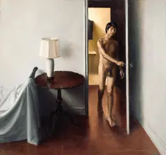 Untitled (Self portrait, nude walking through door) by Raymond Han, Oil on canvas, offered Apr 2026