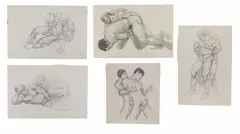 A collection of five (5) erotic works depicting wrestlers by MATT, Graphite on paper. All, offered Apr 2026