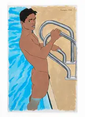 Hawaiian Boy in Backyard Pool by Douglas Simonson, 2006, Acrylic on paper, offered Apr 2026