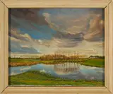 Landscape by H. vd Huevel, 1989, Oil on board. A view of Ooijpolder, Netherlands, offered Apr 2026