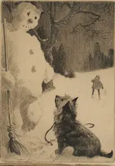 Untitled by Morgan Dennis, Etching. Depiction of a snowman and terrier, offered Apr 2026