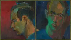 Diptych self-portrait by William Levitt Jr., Oil on canvas. Two (2) custom-built canvases attached via, offered Apr 2026