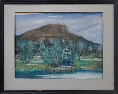 Landscape with mountain by Eugene Karlin, 1944, Tempera on paper, offered Mar 2026