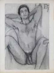 Nude with Arms Behind Head." by Stephen Hale, Charcoal on paper, offered Feb 2026