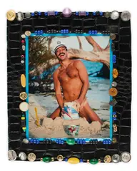 Wall hanging by Bill Bowers, Mixed media photograph, beads, buttons, on repurposed textile, offered Feb 2026