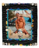Wall hanging by Bill Bowers, Mixed media photograph, beads, buttons, on repurposed textile, offered Feb 2026