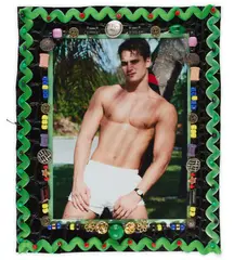 Wall hanging by Bill Bowers, Mixed media photograph, beads, buttons, on repurposed textile, offered Feb 2026