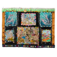 Wall hanging by Bill Bowers, Mixed media photograph, beads, buttons, on repurposed textile. Featuring hand-co, offered Feb 2026