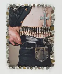 Wall hanging by Bill Bowers, Mixed media photograph, beads, buttons, on repurposed textile, offered Feb 2026