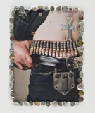 Wall hanging by Bill Bowers, Mixed media photograph, beads, buttons, on repurposed textile, offered Feb 2026