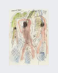 Communal Shower by Peter Flinsch, 2002, Ink, pastel, watercolor wash on paper, offered Feb 2026
