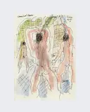Communal Shower by Peter Flinsch, 2002, Ink, pastel, watercolor wash on paper, offered Feb 2026