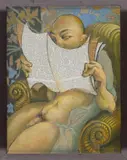 Reclining Male Nude, Reading Newspaper by Joseph Radoccia, 1999, Acrylic and graphite, and collage on panel, offered Feb 2026