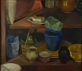 still life painting of items on a table by Elsie Dorey, oil on canvas, sold Apr 2019