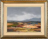 Landscape with Rolling Fields and Overcast Sky by Charles van der Merwe, oil on canvas mounted on board, sold Mar 2021