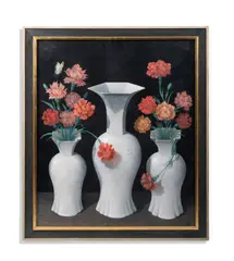 A painted chimneyboard depicting three vases with carnations by George Oakes, Oil on board, sold Oct 2026