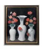 A painted chimneyboard depicting three vases with carnations by George Oakes, Oil on board, sold Oct 2026
