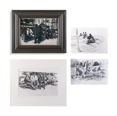 Men gathered in a square, together with three pencil drawings by Clive McCartney, Acrylic on board, sold Oct 2026