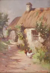 Hens on a farm path by Rgi Robert Russell MacNee, oil on canvas, sold Oct 2014