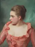 Portrait of a lady in a pink dress by Gustave Jean Jacquet, oil on panel, sold Oct 2014
