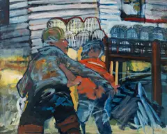 Man with Child by Michael Willis, 1968, Oil on masonite, sold Aug 2025