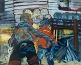 Man with Child by Michael Willis, 1968, Oil on masonite, sold Aug 2025