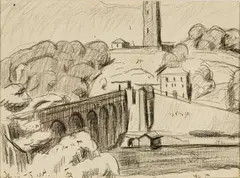 River View with Aqueducts by Oscar Florianus Bluemner, Crayon on paper, sold Aug 2024
