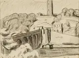 River View with Aqueducts by Oscar Florianus Bluemner, Crayon on paper, sold Aug 2024
