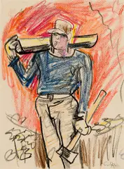 Man with Axe by Carl Sprinchorn, Crayon on paper, sold Aug 2024