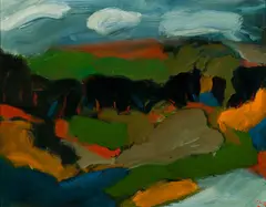 Landscape with Orange Fields by Arthur DiMambro, Oil on panel, sold Aug 2024