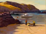 Fish Beach, Monhegan by Caleb Stone, Oil on board, sold Aug 2024