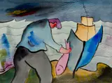 Man with Pink Fish by Leo Brooks, Watercolor on paper, sold Aug 2024