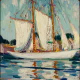 Boats in Harbor by Irma Koen, Oil on board, sold Aug 2024
