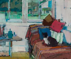 Cat on Bedspread by John Heliker, Oil on canvas, sold Aug 2024