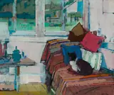 Cat on Bedspread by John Heliker, Oil on canvas, sold Aug 2024