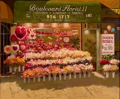 Boulevard Florist II by Robert Solotaire, Oil on paper, offered Aug 2024