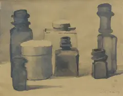 Blue Bottles by Hank Virgona, 1979, Watercolor on paper, offered Aug 2022
