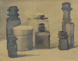 Blue Bottles by Hank Virgona, 1979, Watercolor on paper, offered Aug 2022