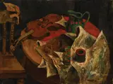 Still Life with Violin and Pitcher by John Paulus Semple, 1954, Oil on panel, offered Aug 2022