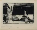 Marine 2, mit zwei Figuren am Strand (Marine 2, With Two Figures on the Beach) by Lyonel Feininger, 1921, Woodblock print, offered Mar 2022