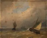 A Coastal Scene with Flat-Bottomed Boats in the Breakers and a Two-Master in the Distance c. 1840- by Andreas Schelfhout, 1850, Oil on panel, offered Aug 2021