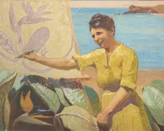 Portrait of Henrietta M. Fox Designing the 'Bird of Paradise' by Charles L. Fox, 1924, Oil on canvas on strainer, offered Aug 2021