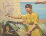 Portrait of Henrietta M. Fox Designing the 'Bird of Paradise' by Charles L. Fox, 1924, Oil on canvas on strainer, offered Aug 2021