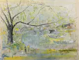 Swan Boats in Boston Common by Alfred Birdsey, 1980, Mixed media on paper, offered Aug 2021