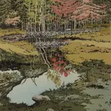 New Dams in Meadow by Neil Welliver, 1984, Woodblock print on paper, offered Aug 2021