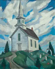 Church Near Stonington on Deer Isle Maine by Bertram Hartman, Oil on board, offered Aug 2021