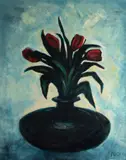 Red Tulips with Indian Pot by Philip Barter, 1991, Oil on canvas, offered Aug 2021